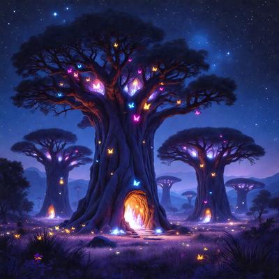 The primary subject of the image is a large tree with a cave-like entrance, surrounded by other trees. The setting is a forest at night, with the sky visible in the background. The visual style is a digital art or illustration, creating a surreal and magical atmosphere. The dominant colors are purple, blue, and green, with the purple lights illuminating the scene.